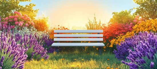 Sunrise Garden Bench, Floral Background