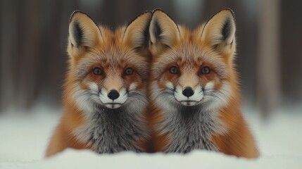 Twin foxes snowy forest winter wildlife portrait