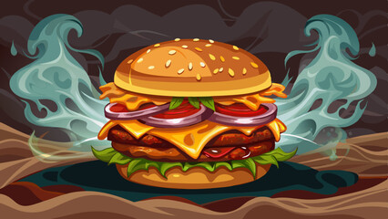Chargrilled burger with crispy bacon and cheddar cheese, smoky setting, 3D illustration