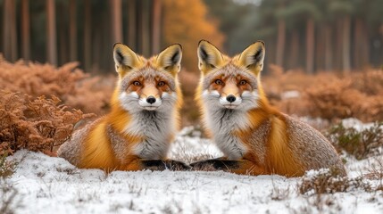 Fototapeta premium Twin foxes winter forest snow wildlife