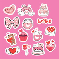 Romantic Pink and Red Sticker Set with Love Letter, Sweet Treats, and Cute Animals 