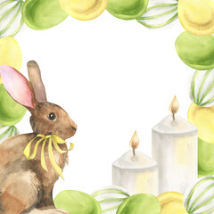 Easter festive rabbit with yellow bow decorated with Easter colored eggs and white candles watercolor frame.Springtime banner template for invitation,greeting card,poster design. Spring hunting symbol