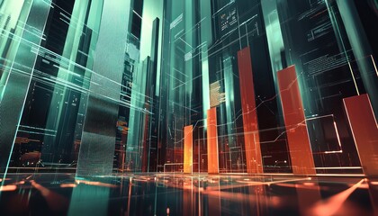 Futuristic business infographic with 3D bar charts, graphs, and geometric shapes representing upward trends in digital data analysis and business growth