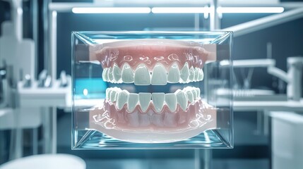 Futuristic Dental Care: A high-tech dental clinic displays a floating 3D model of human teeth, showcasing the precision and advancements in modern dentistry.