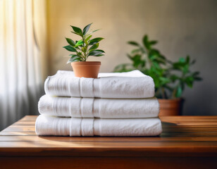 A close-up of a stack of clean white towels with a small potted plant on top, placed on a wooden surface.