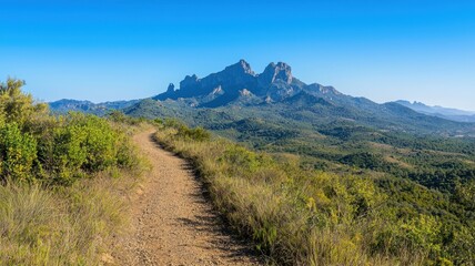 Serene Mountain Landscape with Lush Greenery Under Clear Blue Sky