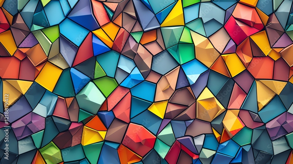 Poster an abstract, colorful geometric background of various 3d shapes, creating a dynamic and modern desig