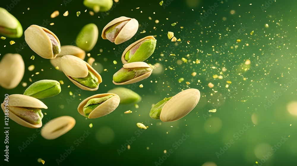 Poster dynamic capture of floating pistachios with green background
