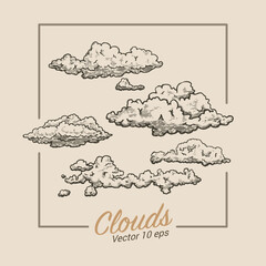 Clouds, cumulus clouds illustration in the style of medieval engraving
