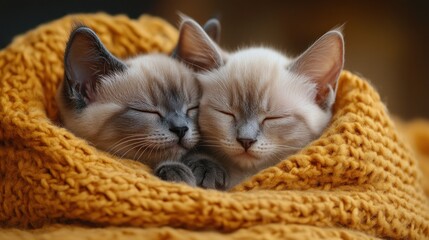 Cozy kittens sleep nestled in warm blanket, autumn background, pet adoption