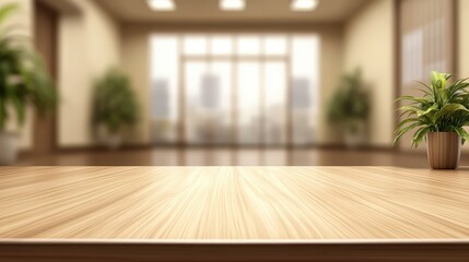 Obraz premium Blurred Background of Modern Office with Wooden Desk and Potted Plant - Uncluttered Workspace Aesthetic
