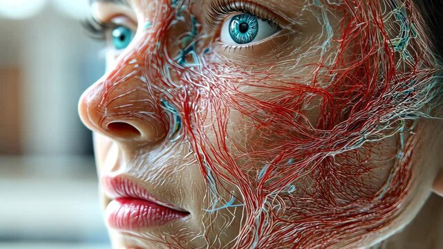 Intricate depiction of human anatomy highlighting vascular structure and facial features in a close-up view