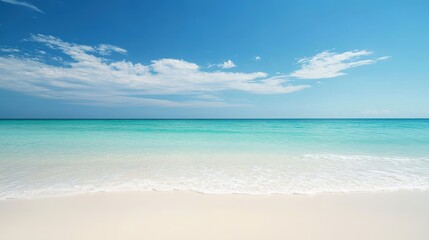 Serene Beachscape Tranquil turquoise waters gently lapping on pristine white sand under a vibrant blue sky dotted with fluffy white clouds, evoking a sense of peace and summer bliss.