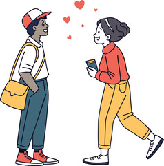 Smiling young couple exchanging a gift, expressing affection.