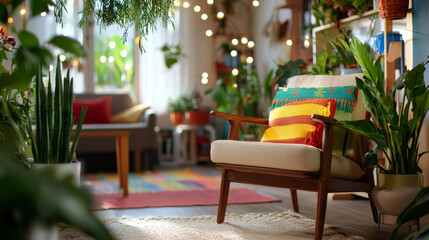 Cozy living room with plants, colorful cushions, and warm lighting. perfect spot for relaxation and enjoying nature indoors