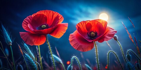 Obraz premium Close-up Red Poppy Flowers Night Photography AI Art