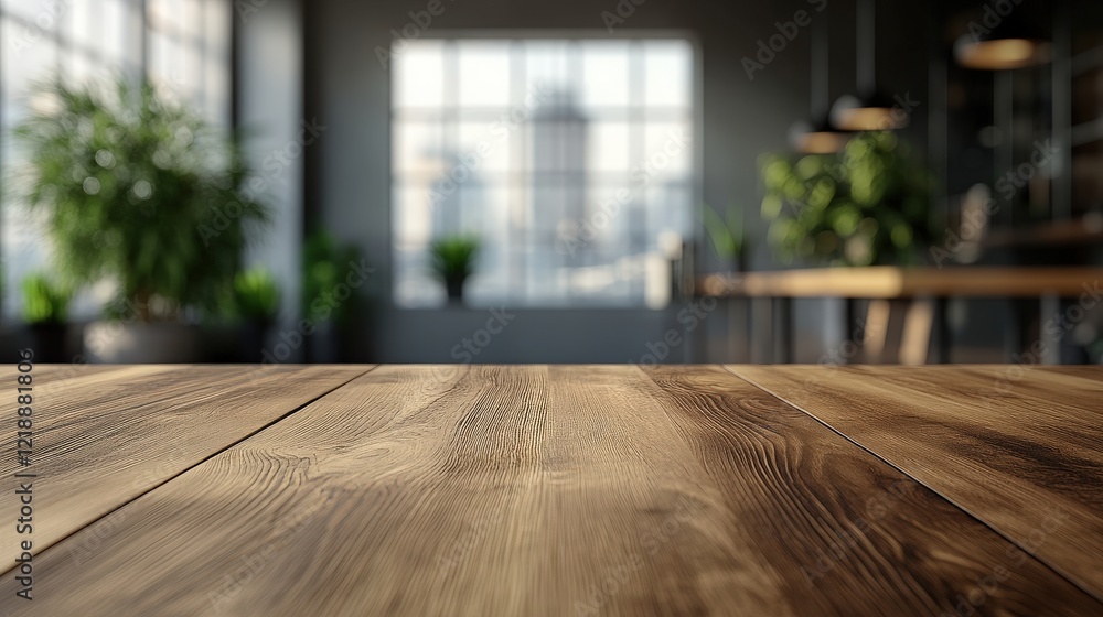 Aufkleber close-up of a rustic wooden table surrounded by modern interior design elements with a beautiful bac