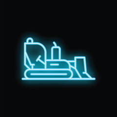 Blue glowing neon icon of a bulldozer working a night shift on a black background