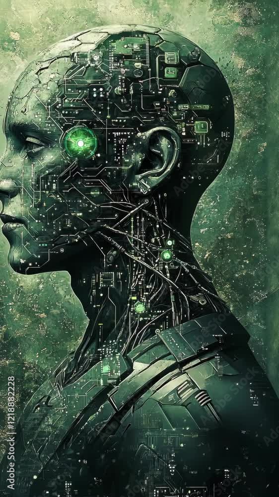 Poster human-like figure with intricate circuitry design and glowing green elements reflects on technology 
