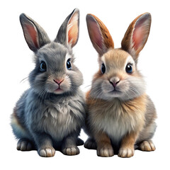Obraz premium Cute rabbits, different colors, white gray black brown, fluffy fur, long ears, big eyes