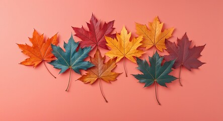 Fototapeta premium Maple leaves in various hues on a plain light coral background
