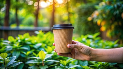 Coffee Cup in Hand, Lush Garden Background, AI Photo