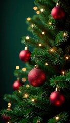 Green Christmas tree with ornaments and fairy lights, colored lights, decorated evergreen, festive decor