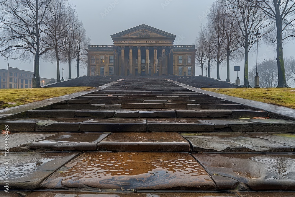 Poster a misty scene featuring a grand building with columns, approached by a stone pathway, surrounded by 