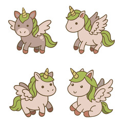 Cute Winged Unicorns, Vector Illustration 