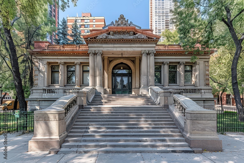 Poster a classical building with a grand entrance and stone steps, surrounded by trees and urban architectu