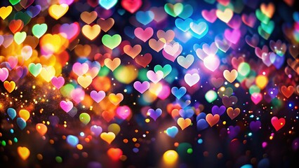 Naklejka premium Colorful Bokeh Hearts Dark Background Graphic Design