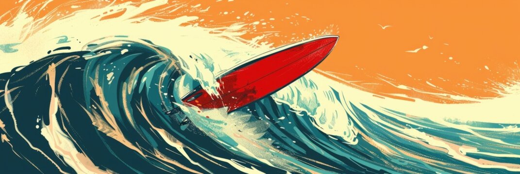 surfing, bright red surfboard, high big waves, flat illustration, horizontal banner, orange background, retro vintage style, copy space, free space for text