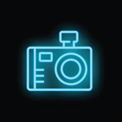 Blue neon sign representing a camera flashing, on black background, ideal for illustration, as icon or as template