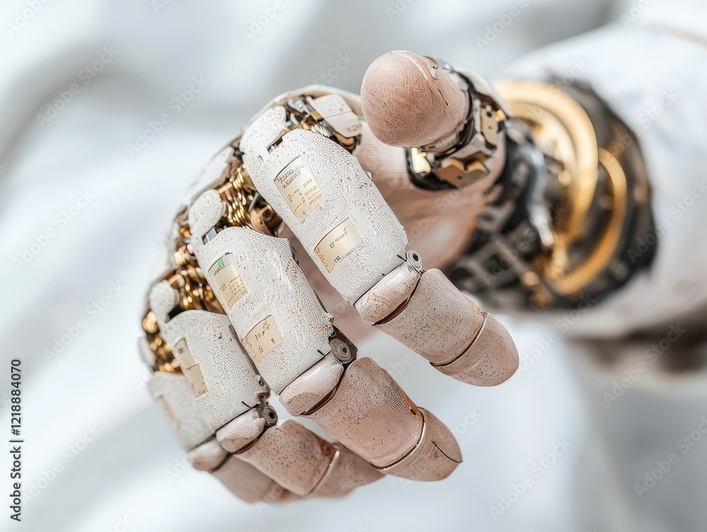 Poster highly detailed robotic hand with advanced mechanical components against a soft background displayin