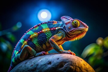 Obraz premium Colorful Chameleon on Night Rock - AI Photography