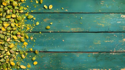Fototapeta premium Pistachios on Rustic Teal Wooden Surface with Cracked Paint