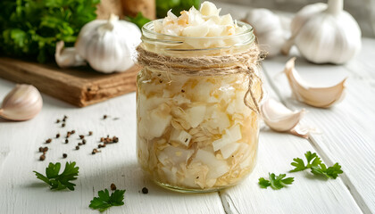 Fermented garlic in jar. Vegetarian food concept