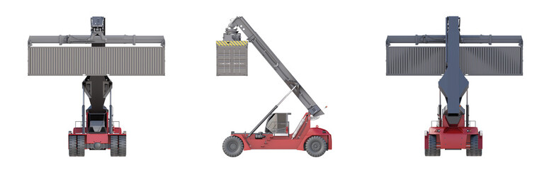 Red reach stacker with a black shipping container. Orthogonal views of front, back, and side. Isolated on a transparent background. PNG. 3d illustration.