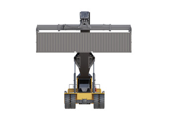 Yellow reach stacker with a black cargo container. Front orthogonal view. Isolated on transparent background. PNG. 3d illustration.