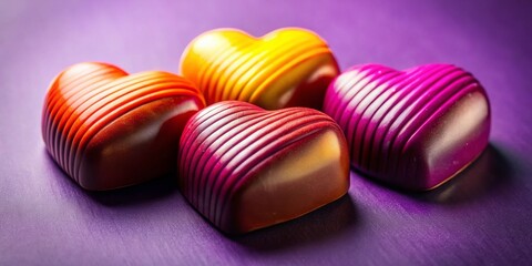 Obraz premium Colorful Heart Chocolates on Purple Background - Fashion Photography