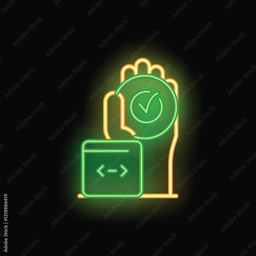 Poster neon hand holding verified badge with programming code symbol on black background