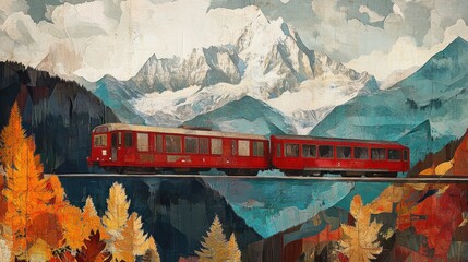 Winter. The train travels in the mountains
