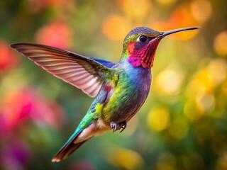 Colorful Hummingbird in Flight PNG, Vibrant Bird Photography, Nature Background