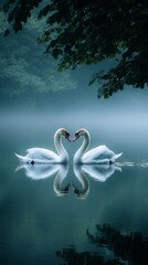 Two swans forming a heart on a calm lake.