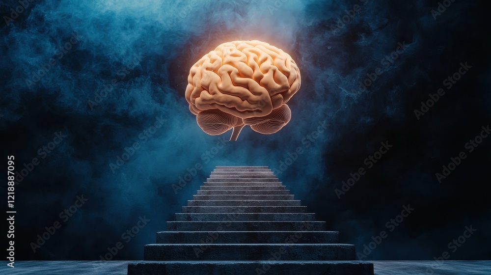 Poster a surreal image of a brain floating above a staircase, surrounded by a cosmic backdrop, symbolizing 