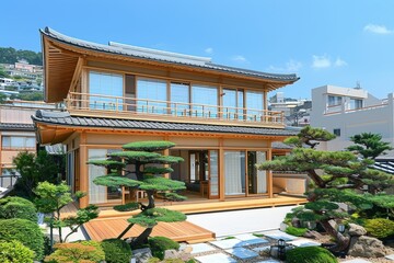 Obraz premium A stunning traditional Japanese house surrounded by lush greenery and a serene garden, featuring elegant architecture and a tranquil atmosphere.