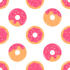 Donut pattern. Various glazed donuts with sprinkle, seamless vector background. Pink donuts with various sprinkles. Suitable for Valentine's day wallpaper, print, menu cover, bakery, wrapping paper