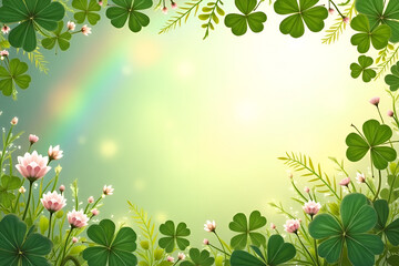 Bright frame of intertwined shamrocks and spring flowers, with a hint of a rainbow in the background