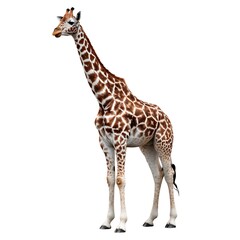 Naklejka premium Full-Length Giraffe Standing Upright with Brown and White Patterned Coat - Isolated on White Background.