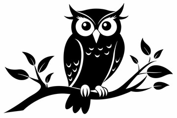 owl sitting on a-tree branch line art silhouette vector illustration